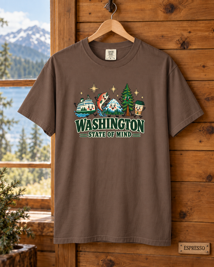 Washington State of Mind T-Shirt, Cute PNW Graphic Tee, Ferry Salmon Mount Rainier Coffee Comfort Colors Shirt