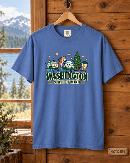 Washington State of Mind T-Shirt, Cute PNW Graphic Tee, Ferry Salmon Mount Rainier Coffee Comfort Colors Shirt