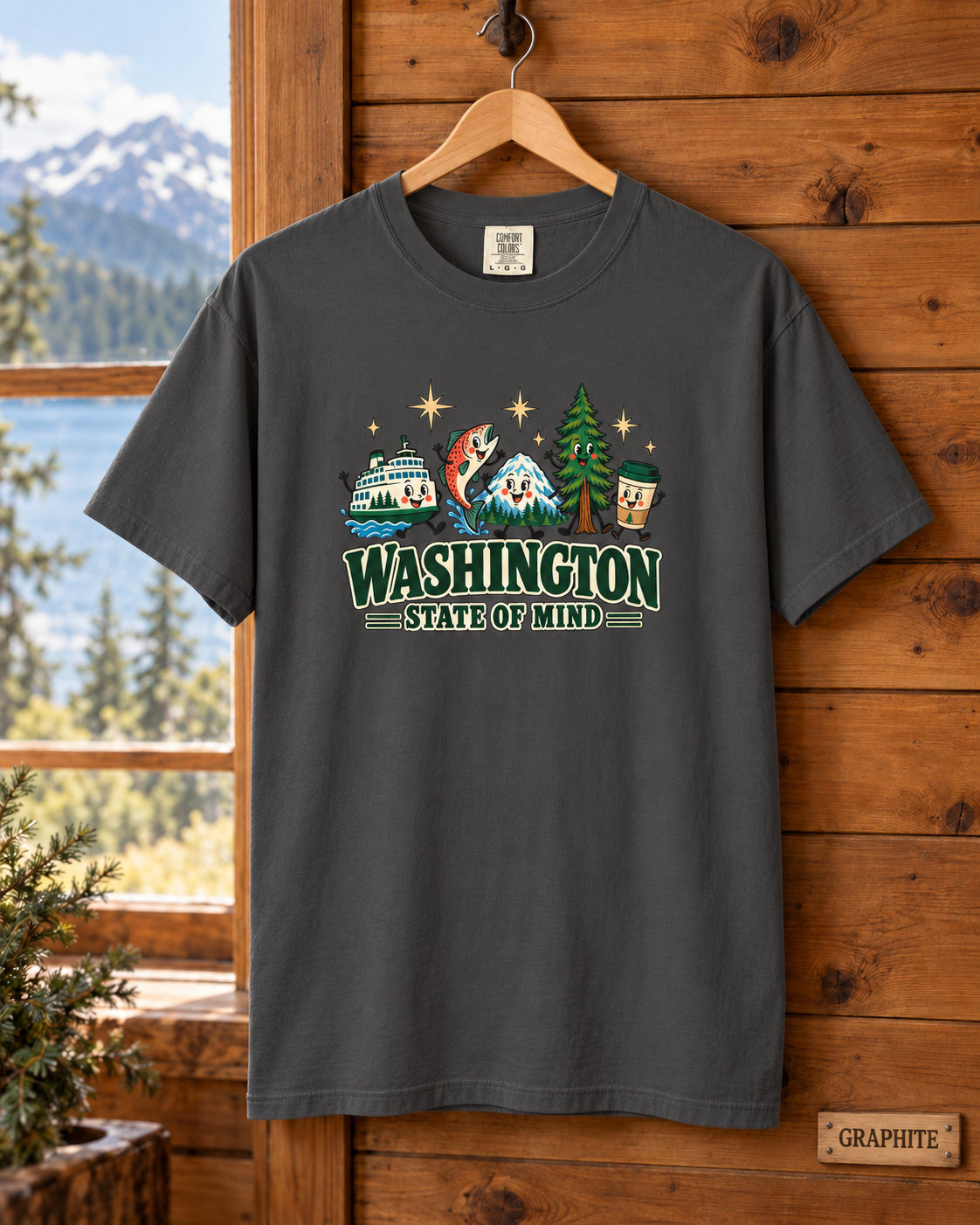 Washington State of Mind T-Shirt, Cute PNW Graphic Tee, Ferry Salmon Mount Rainier Coffee Comfort Colors Shirt