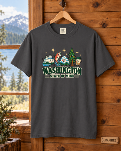 Washington State of Mind T-Shirt, Cute PNW Graphic Tee, Ferry Salmon Mount Rainier Coffee Comfort Colors Shirt