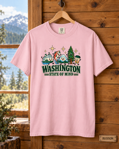 Washington State of Mind T-Shirt, Cute PNW Graphic Tee, Ferry Salmon Mount Rainier Coffee Comfort Colors Shirt