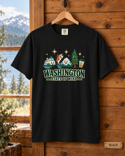 Washington State of Mind T-Shirt, Cute PNW Graphic Tee, Ferry Salmon Mount Rainier Coffee Comfort Colors Shirt