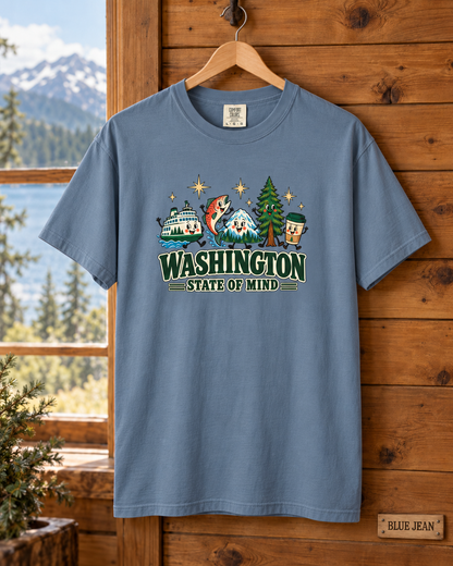 Washington State of Mind T-Shirt, Cute PNW Graphic Tee, Ferry Salmon Mount Rainier Coffee Comfort Colors Shirt
