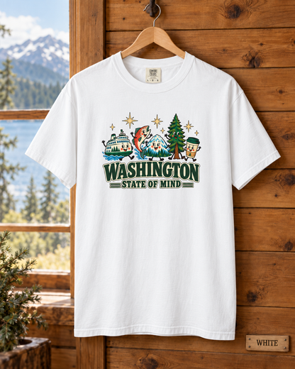 Washington State of Mind T-Shirt, Cute PNW Graphic Tee, Ferry Salmon Mount Rainier Coffee Comfort Colors Shirt