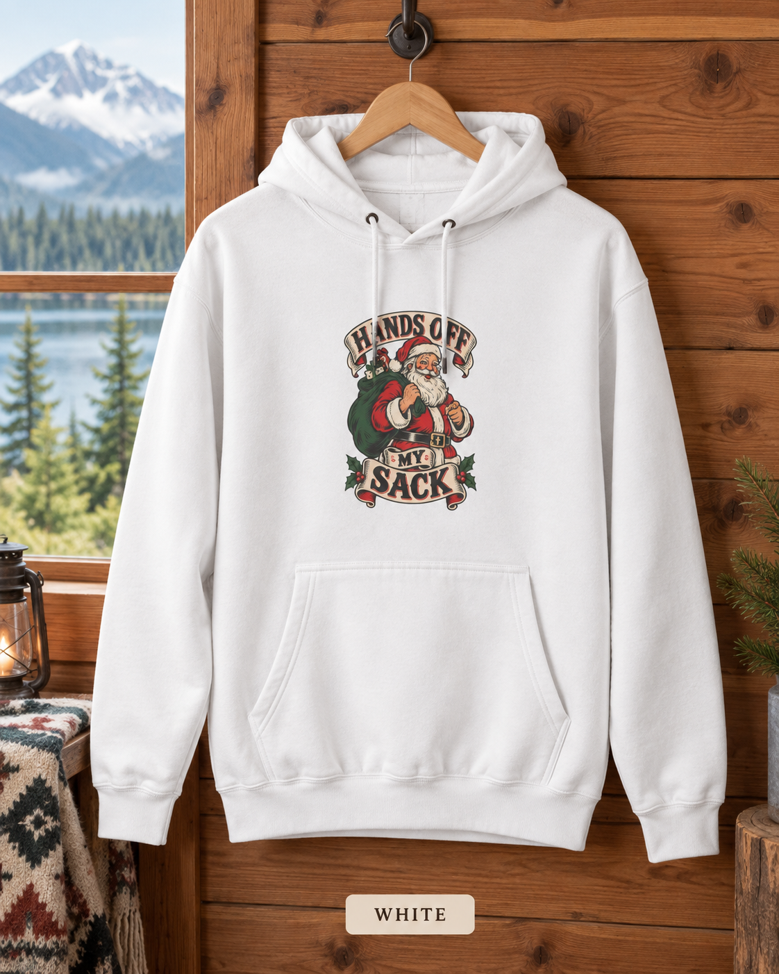 Funny Christmas Hoodie – Hands Off My Sack Santa Pullover, Adult Humor Gift for Him