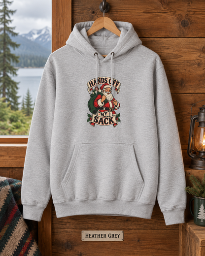 Funny Christmas Hoodie – Hands Off My Sack Santa Pullover, Adult Humor Gift for Him