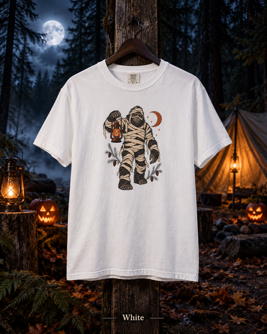 Mummy Sasquatch Halloween Shirt, Comfort Colors® Bigfoot Graphic Tee, Vintage-Inspired Spooky Camping T-Shirt