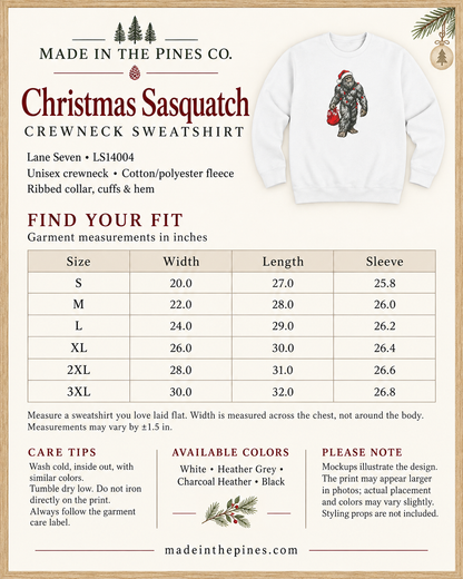 Christmas Bigfoot Sweatshirt, Santa Sasquatch Crewneck with Holiday Lights, Funny Unisex Christmas Gift for Cryptid Lovers