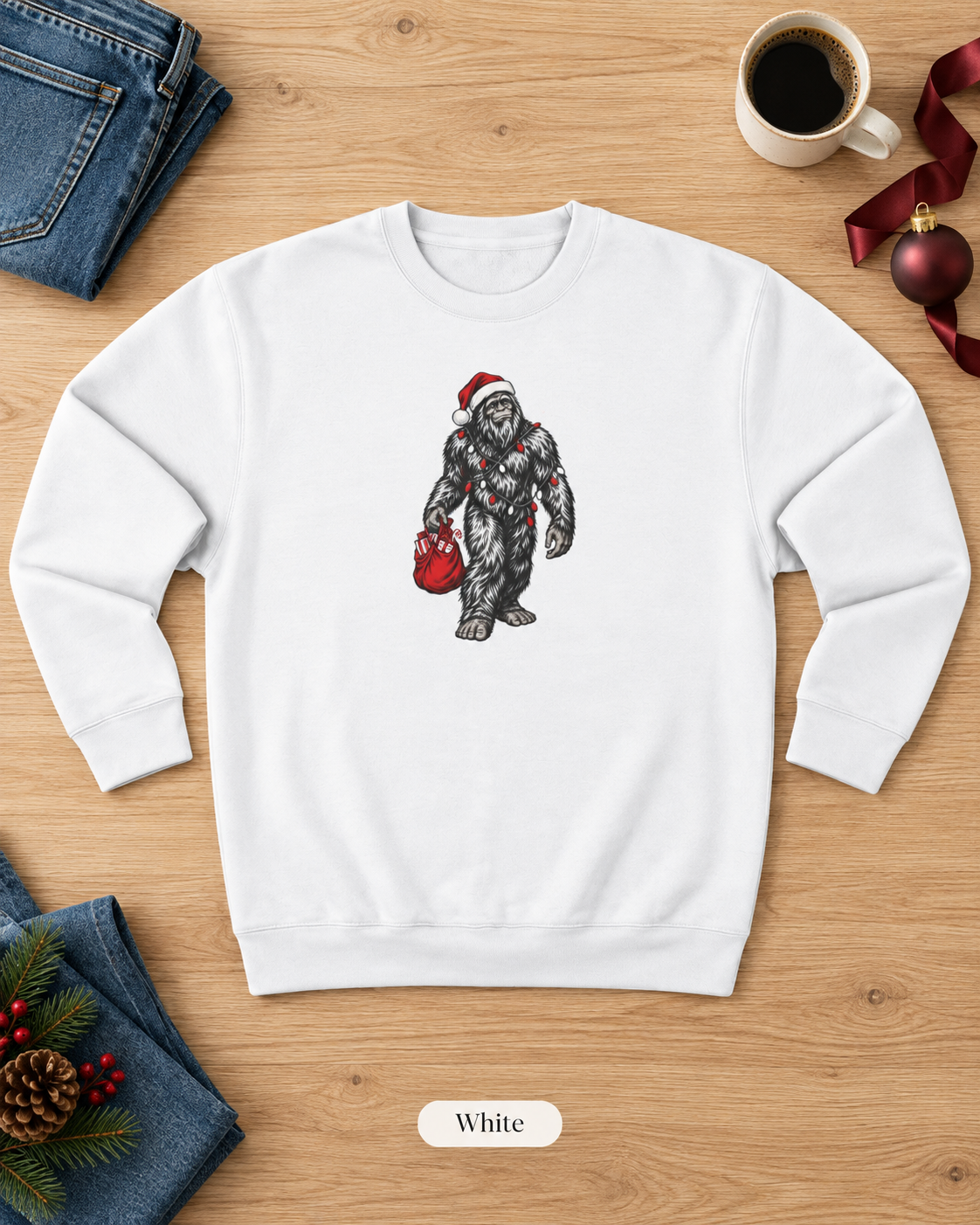 Christmas Bigfoot Sweatshirt, Santa Sasquatch Crewneck with Holiday Lights, Funny Unisex Christmas Gift for Cryptid Lovers