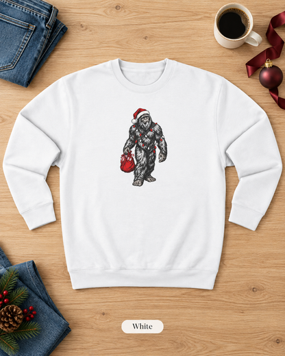 Christmas Bigfoot Sweatshirt, Santa Sasquatch Crewneck with Holiday Lights, Funny Unisex Christmas Gift for Cryptid Lovers