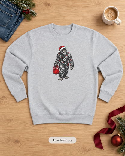 Christmas Bigfoot Sweatshirt, Santa Sasquatch Crewneck with Holiday Lights, Funny Unisex Christmas Gift for Cryptid Lovers