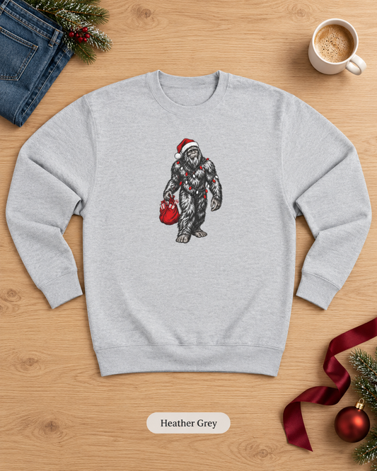 Christmas Bigfoot Sweatshirt, Santa Sasquatch Crewneck with Holiday Lights, Funny Unisex Christmas Gift for Cryptid Lovers
