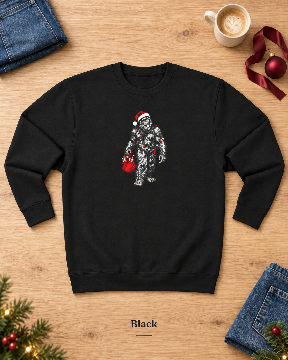 Christmas Bigfoot Sweatshirt, Santa Sasquatch Crewneck with Holiday Lights, Funny Unisex Christmas Gift for Cryptid Lovers