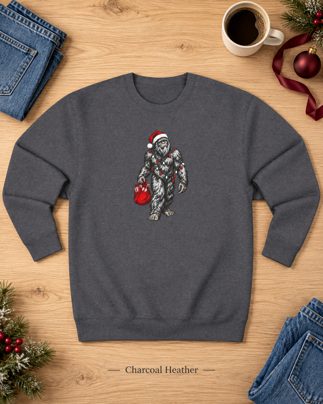Christmas Bigfoot Sweatshirt, Santa Sasquatch Crewneck with Holiday Lights, Funny Unisex Christmas Gift for Cryptid Lovers