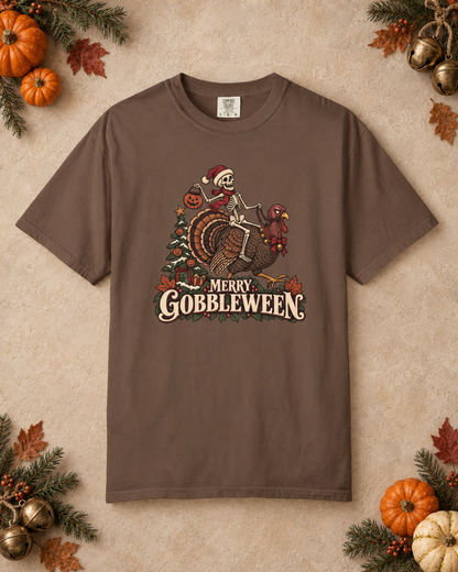 Merry Gobbleween Comfort Colors Shirt, Funny Halloween Thanksgiving Christmas Tee, Skeleton Riding Turkey, Holiday Mashup T-Shirt