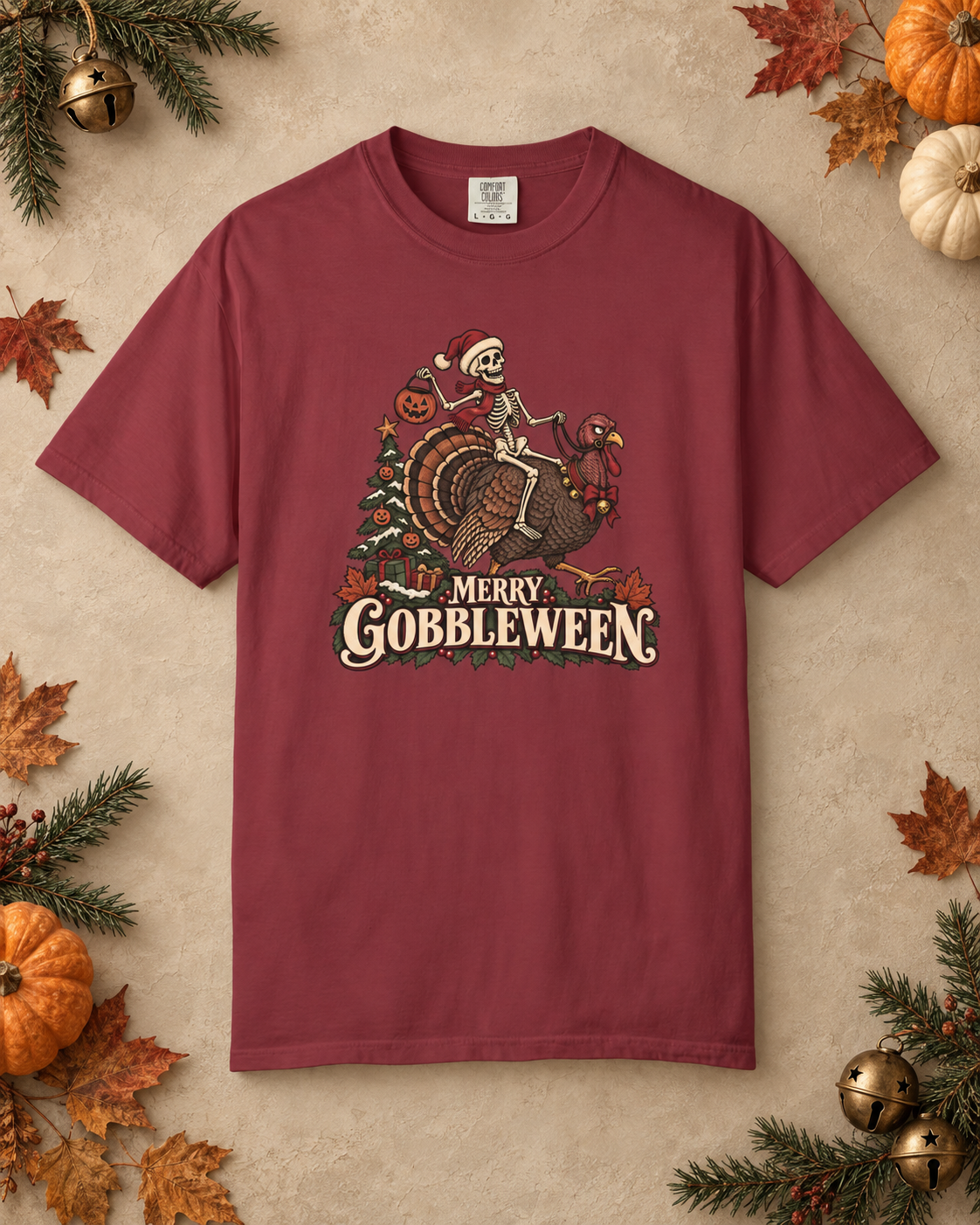 Merry Gobbleween Comfort Colors Shirt, Funny Halloween Thanksgiving Christmas Tee, Skeleton Riding Turkey, Holiday Mashup T-Shirt