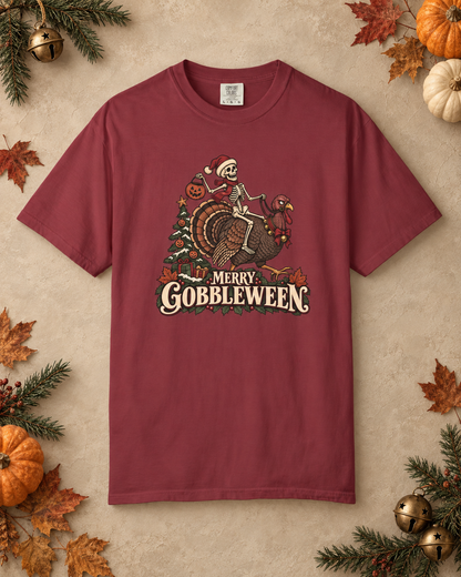 Merry Gobbleween Comfort Colors Shirt, Funny Halloween Thanksgiving Christmas Tee, Skeleton Riding Turkey, Holiday Mashup T-Shirt