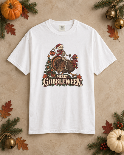 Merry Gobbleween Comfort Colors Shirt, Funny Halloween Thanksgiving Christmas Tee, Skeleton Riding Turkey, Holiday Mashup T-Shirt