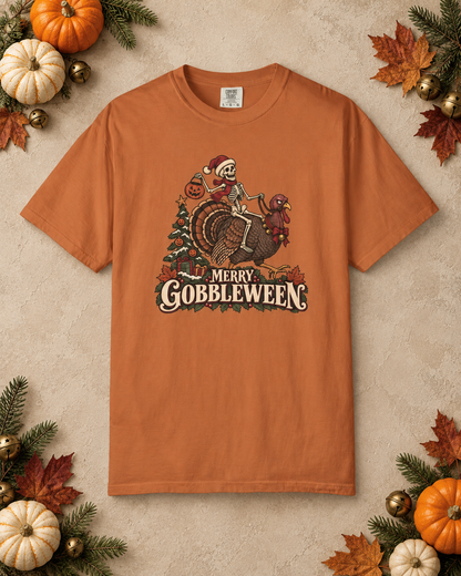 Merry Gobbleween Comfort Colors Shirt, Funny Halloween Thanksgiving Christmas Tee, Skeleton Riding Turkey, Holiday Mashup T-Shirt