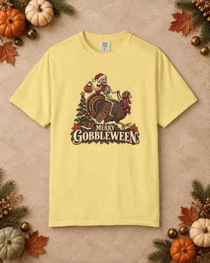 Merry Gobbleween Comfort Colors Shirt, Funny Halloween Thanksgiving Christmas Tee, Skeleton Riding Turkey, Holiday Mashup T-Shirt