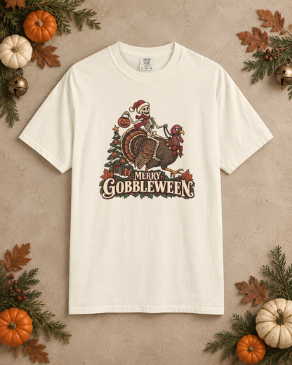Merry Gobbleween Comfort Colors Shirt, Funny Halloween Thanksgiving Christmas Tee, Skeleton Riding Turkey, Holiday Mashup T-Shirt