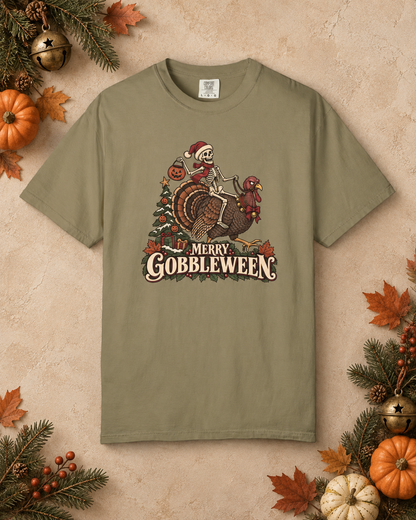 Merry Gobbleween Comfort Colors Shirt, Funny Halloween Thanksgiving Christmas Tee, Skeleton Riding Turkey, Holiday Mashup T-Shirt