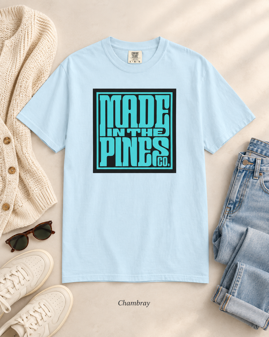 Made in the Pines Co. Comfort Colors Shirt, Turquoise Retro Typography Tee, Unisex Garment Dyed Graphic T-Shirt