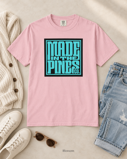 Made in the Pines Co. Comfort Colors Shirt, Turquoise Retro Typography Tee, Unisex Garment Dyed Graphic T-Shirt