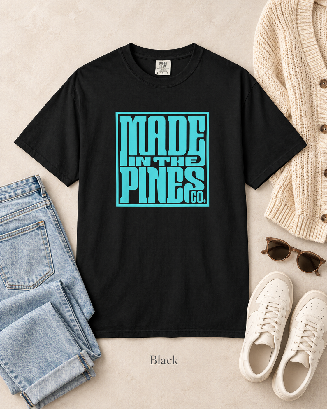Made in the Pines Co. Comfort Colors Shirt, Turquoise Retro Typography Tee, Unisex Garment Dyed Graphic T-Shirt