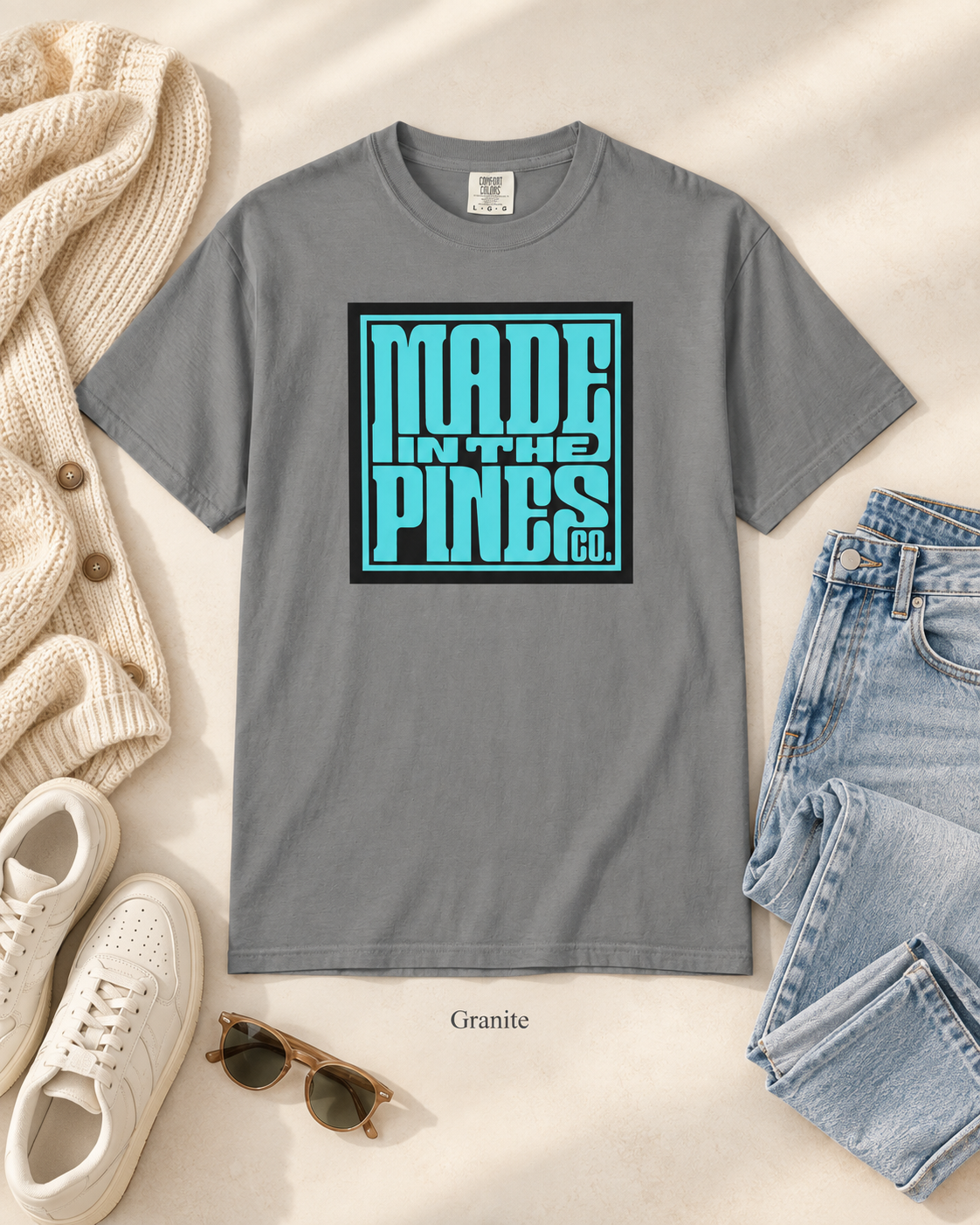 Made in the Pines Co. Comfort Colors Shirt, Turquoise Retro Typography Tee, Unisex Garment Dyed Graphic T-Shirt