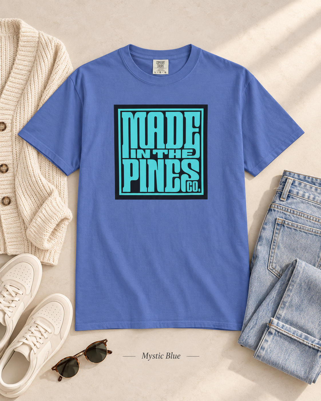 Made in the Pines Co. Comfort Colors Shirt, Turquoise Retro Typography Tee, Unisex Garment Dyed Graphic T-Shirt