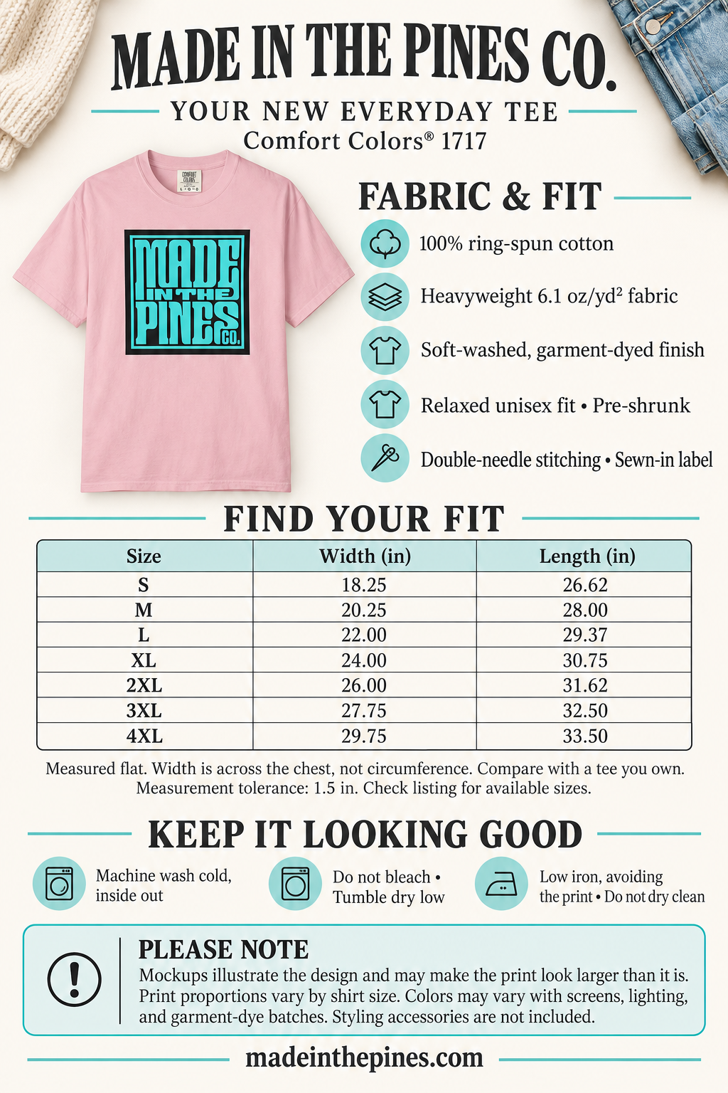 Made in the Pines Co. Comfort Colors Shirt, Turquoise Retro Typography Tee, Unisex Garment Dyed Graphic T-Shirt