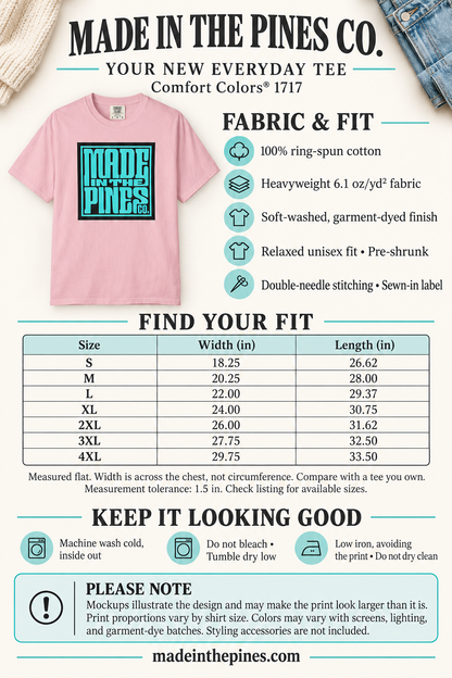 Made in the Pines Co. Comfort Colors Shirt, Turquoise Retro Typography Tee, Unisex Garment Dyed Graphic T-Shirt