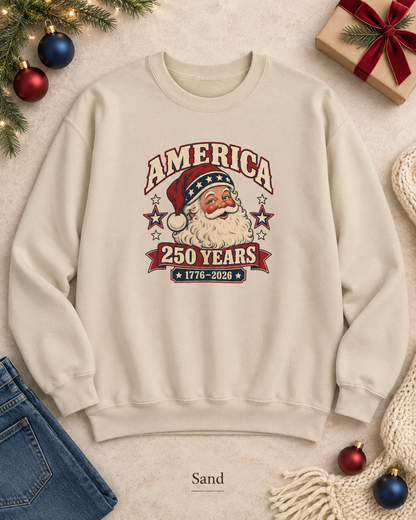 America 250 Years Santa Crewneck Sweatshirt — 1776–2026 Patriotic Vintage Christmas Sweater