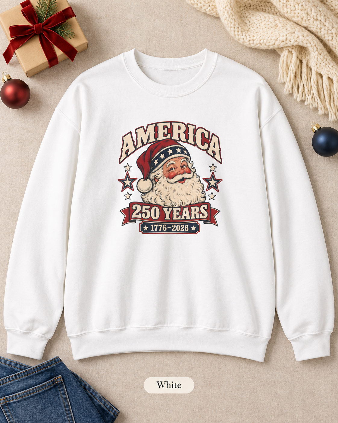 America 250 Years Santa Crewneck Sweatshirt — 1776–2026 Patriotic Vintage Christmas Sweater