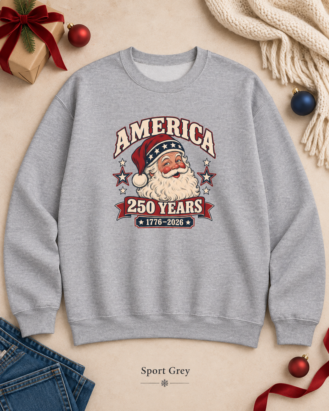 America 250 Years Santa Crewneck Sweatshirt — 1776–2026 Patriotic Vintage Christmas Sweater
