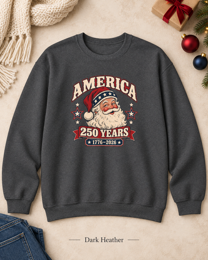America 250 Years Santa Crewneck Sweatshirt — 1776–2026 Patriotic Vintage Christmas Sweater