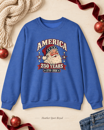 America 250 Years Santa Crewneck Sweatshirt — 1776–2026 Patriotic Vintage Christmas Sweater