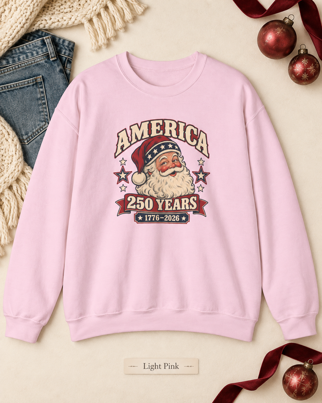 America 250 Years Santa Crewneck Sweatshirt — 1776–2026 Patriotic Vintage Christmas Sweater