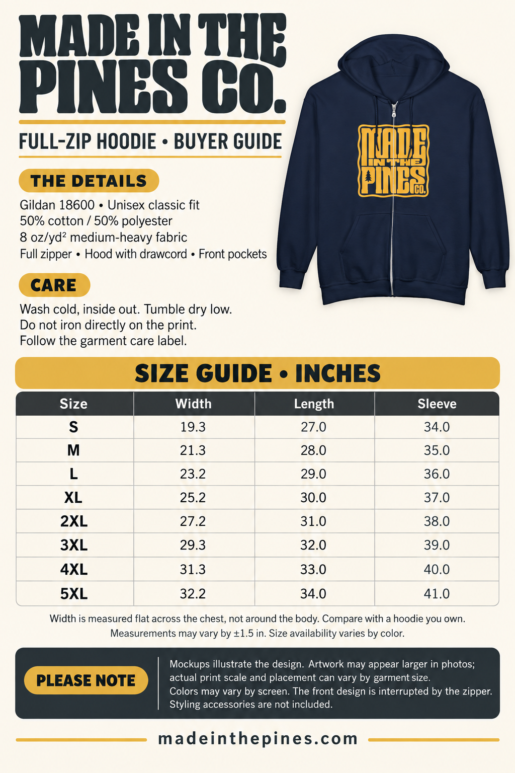Made in the Pines Zip Hoodie — Retro Yellow Graphic Full-Zip Sweatshirt