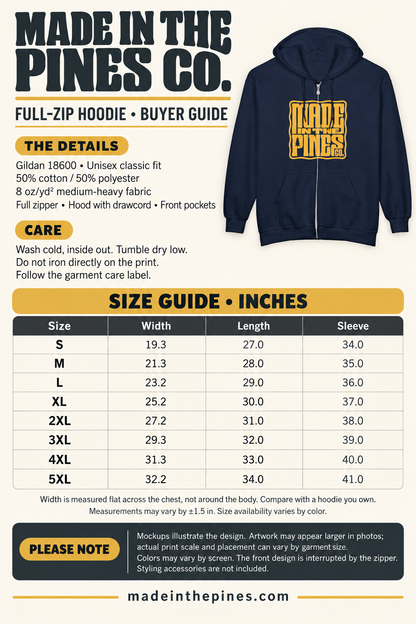 Made in the Pines Zip Hoodie — Retro Yellow Graphic Full-Zip Sweatshirt