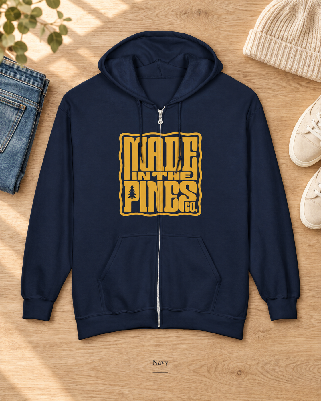 Made in the Pines Zip Hoodie — Retro Yellow Graphic Full-Zip Sweatshirt
