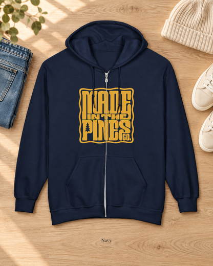 Made in the Pines Zip Hoodie — Retro Yellow Graphic Full-Zip Sweatshirt