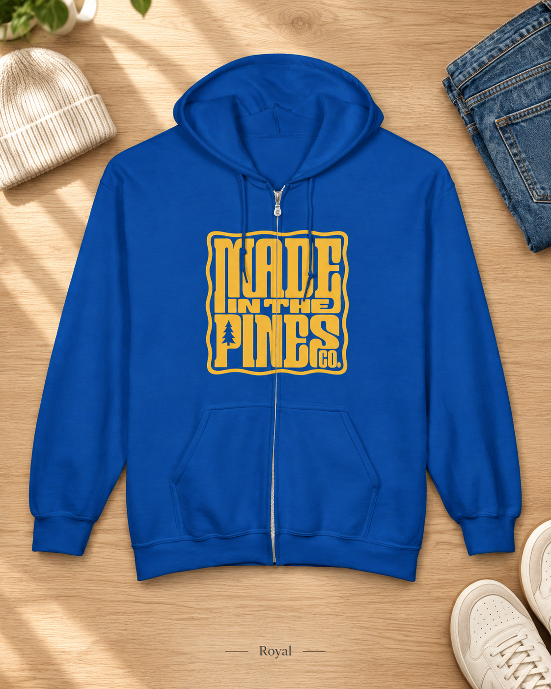 Made in the Pines Zip Hoodie — Retro Yellow Graphic Full-Zip Sweatshirt