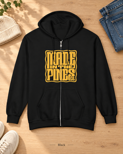 Made in the Pines Zip Hoodie — Retro Yellow Graphic Full-Zip Sweatshirt