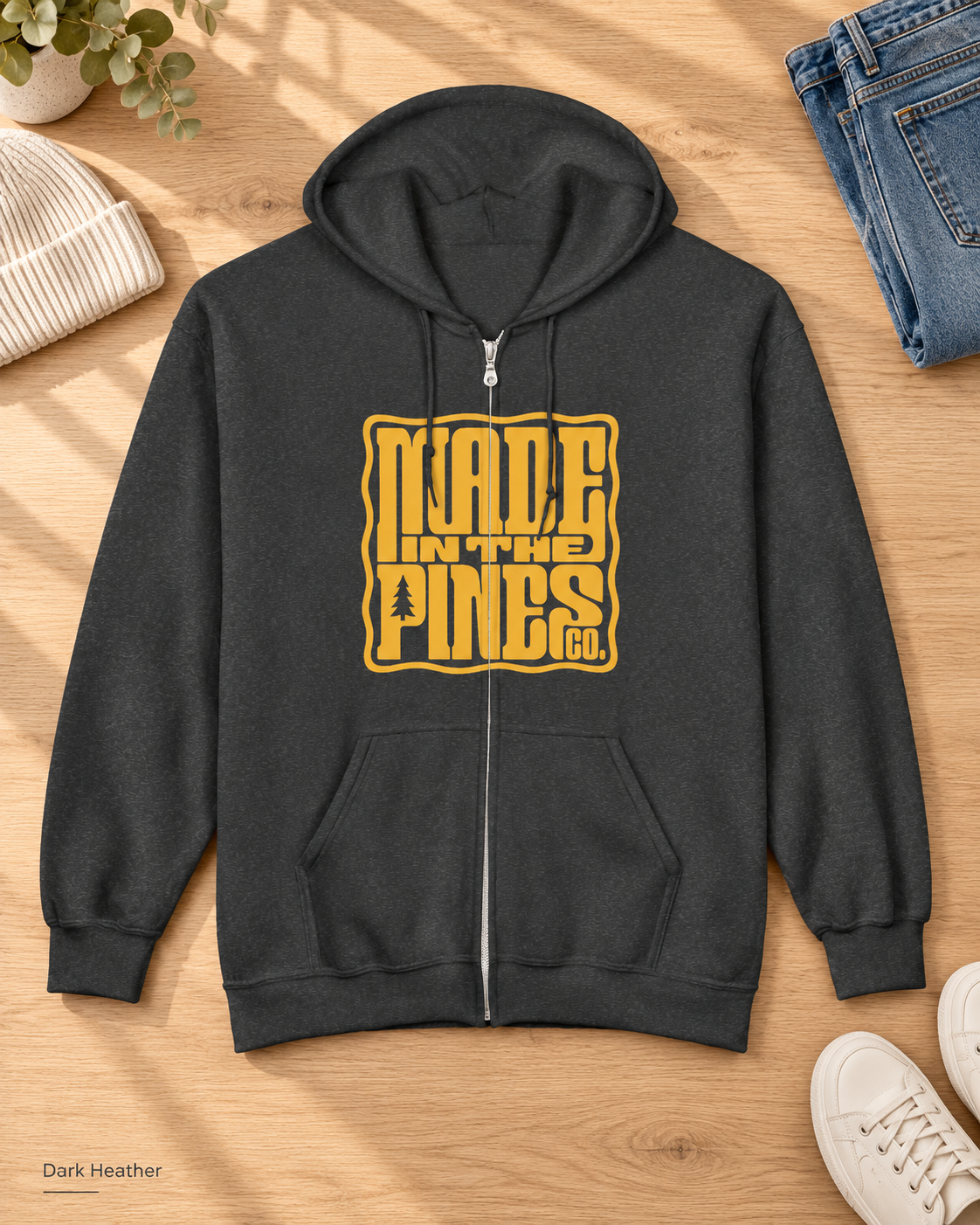 Made in the Pines Zip Hoodie — Retro Yellow Graphic Full-Zip Sweatshirt
