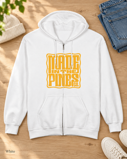 Made in the Pines Zip Hoodie — Retro Yellow Graphic Full-Zip Sweatshirt
