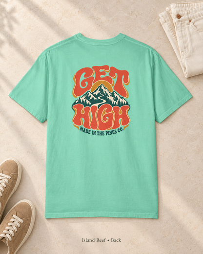 Get High Mountain T-Shirt — Retro Psychedelic Nature Graphic Tee