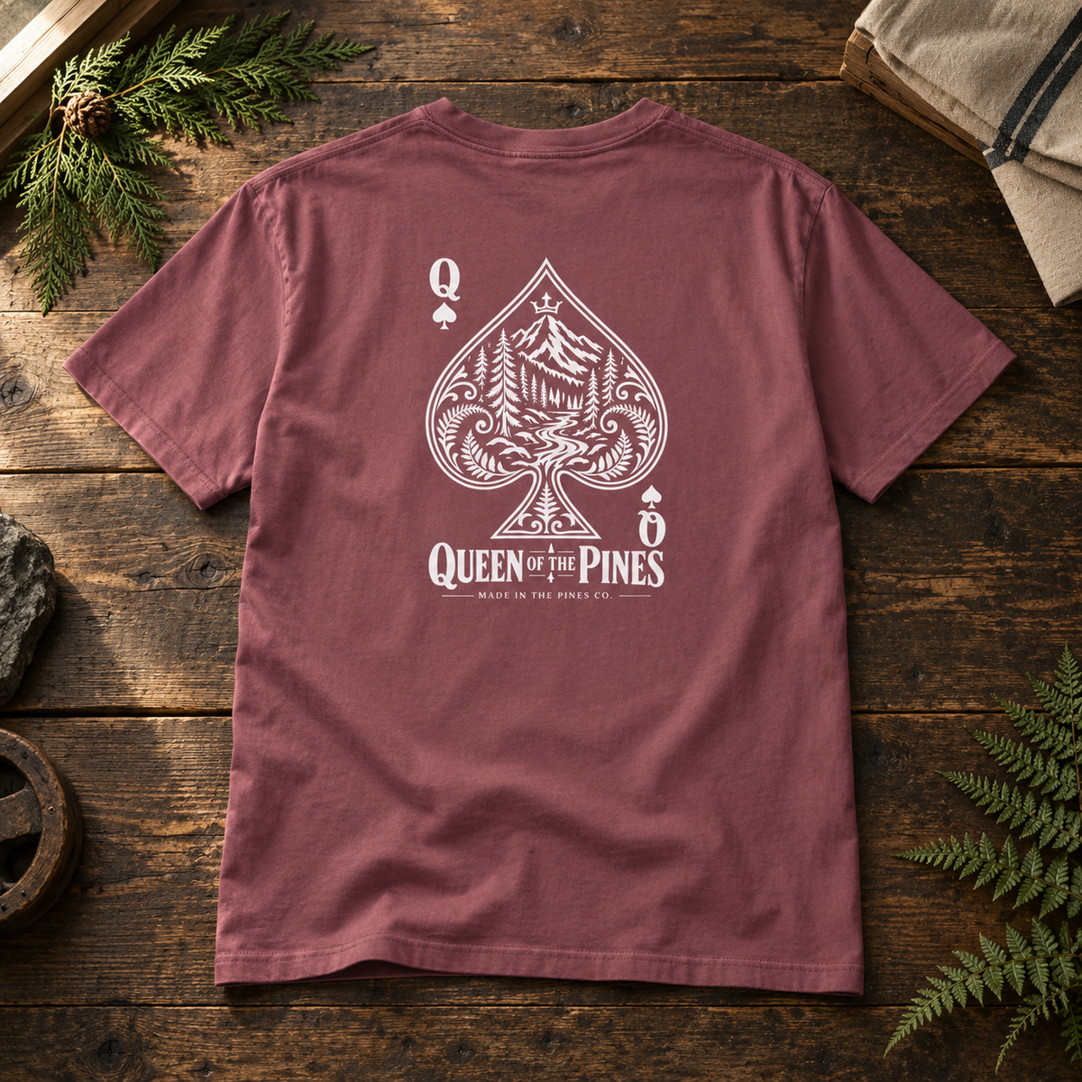 Queen of the Pines Graphic T-Shirt — Vintage Spade Forest Design