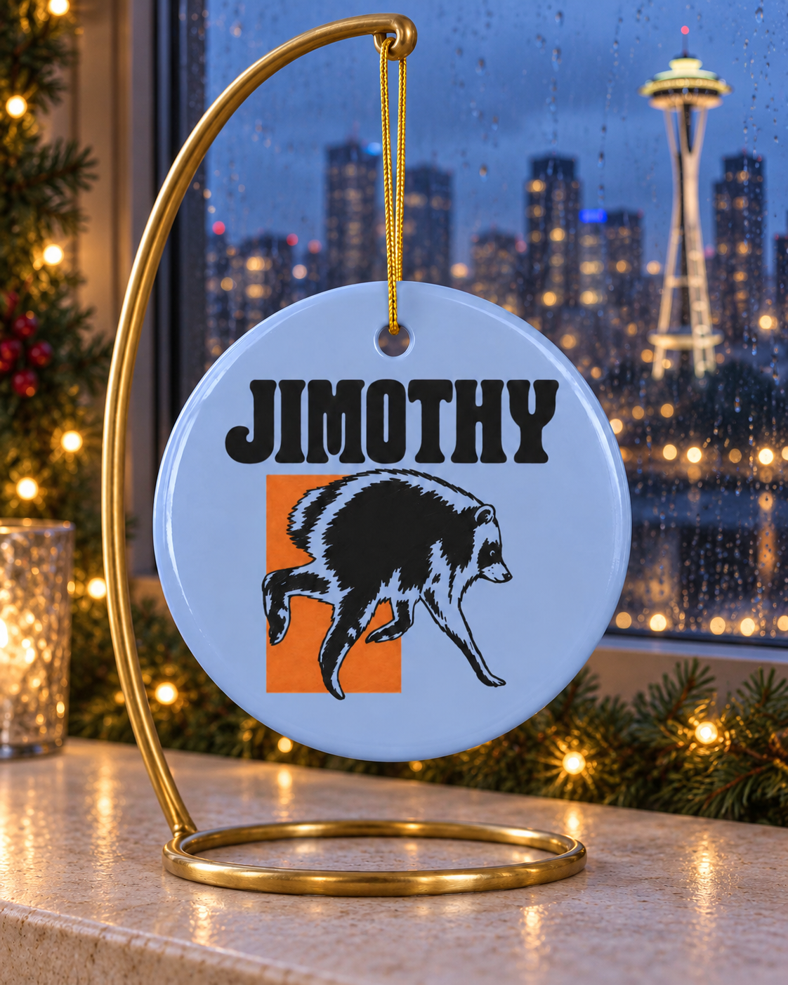 Jimothy Raccoon Illustration Ceramic Ornament | Double-Sided Round Ornament